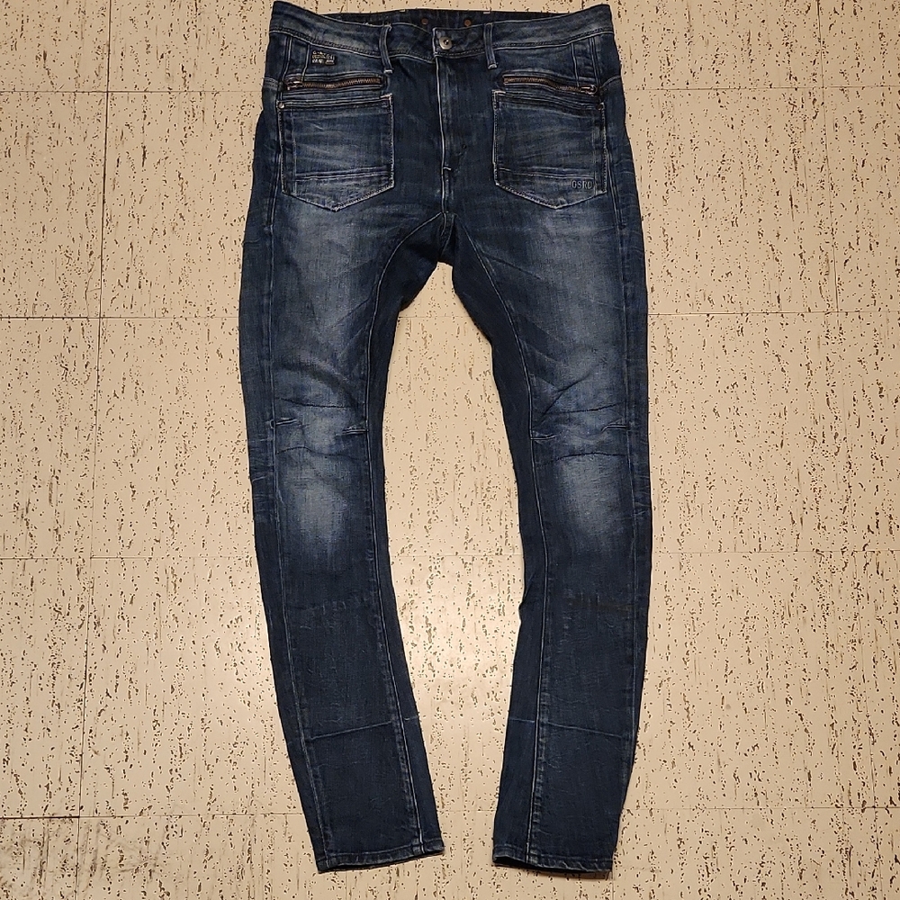 G Star Raw Blue Wash Slim Tapered Fit Zipper Pocket Denim Jeans